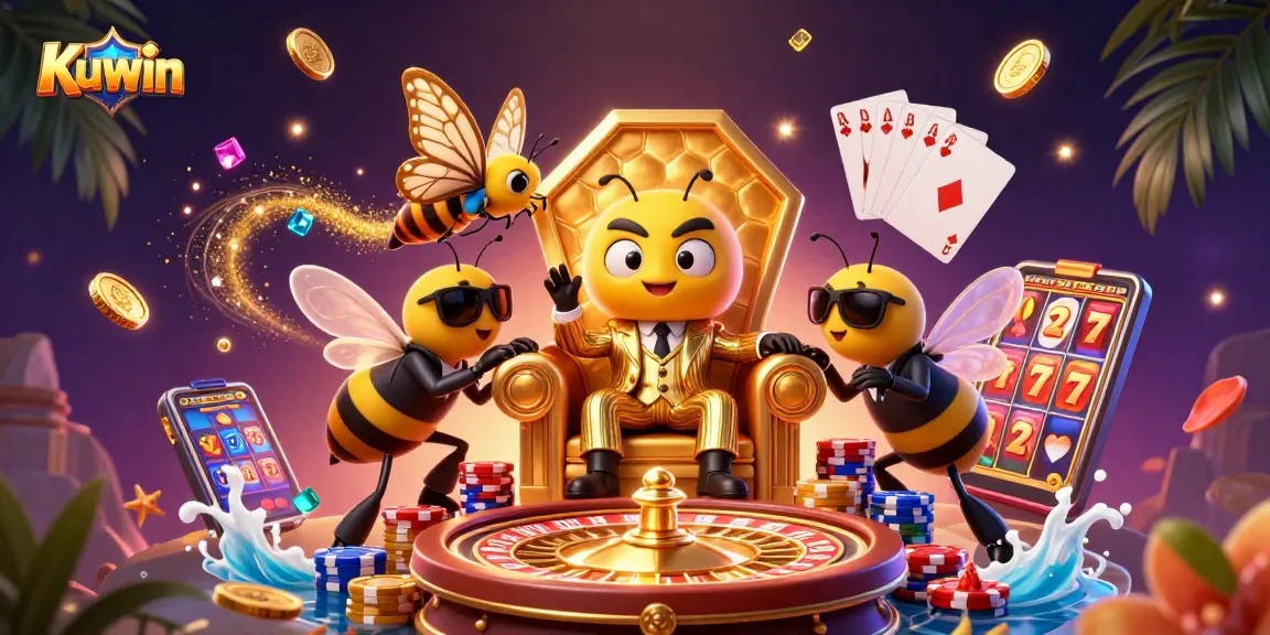 Kuwin invites players to engage with vibrant casino elements, featuring dynamic golden coins and a lively scene.