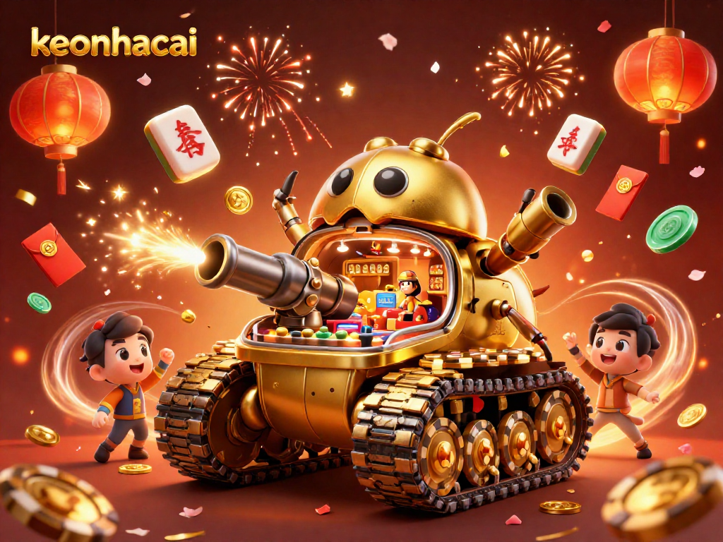 Win exciting games at keonhacai, featuring a golden beetle tank casino bursting with vibrant activity.