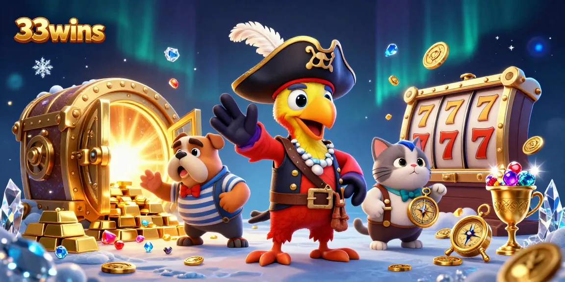 Engage with 33wins at this vibrant casino scene featuring playful pirate characters and slot games.