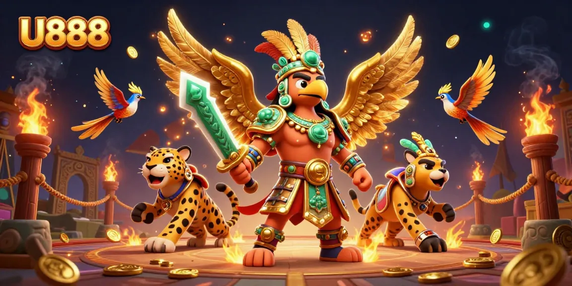 Experience thrilling gameplay at U888 with a vibrant Aztec warrior scene featuring striking elements of online gambling.