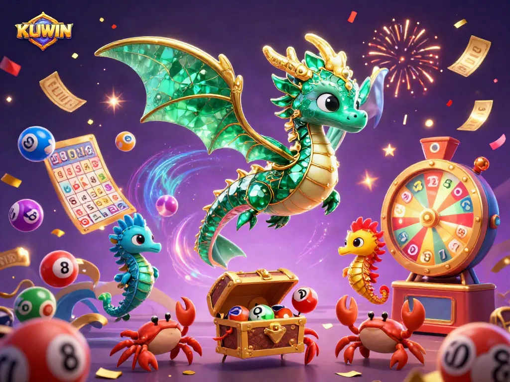 Engage with KUWIN's vibrant lottery scene featuring dynamic characters and exciting prize elements.