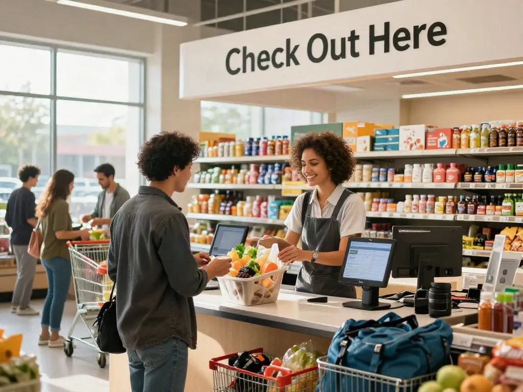 Check out here signage in a vibrant retail checkout area with customers.