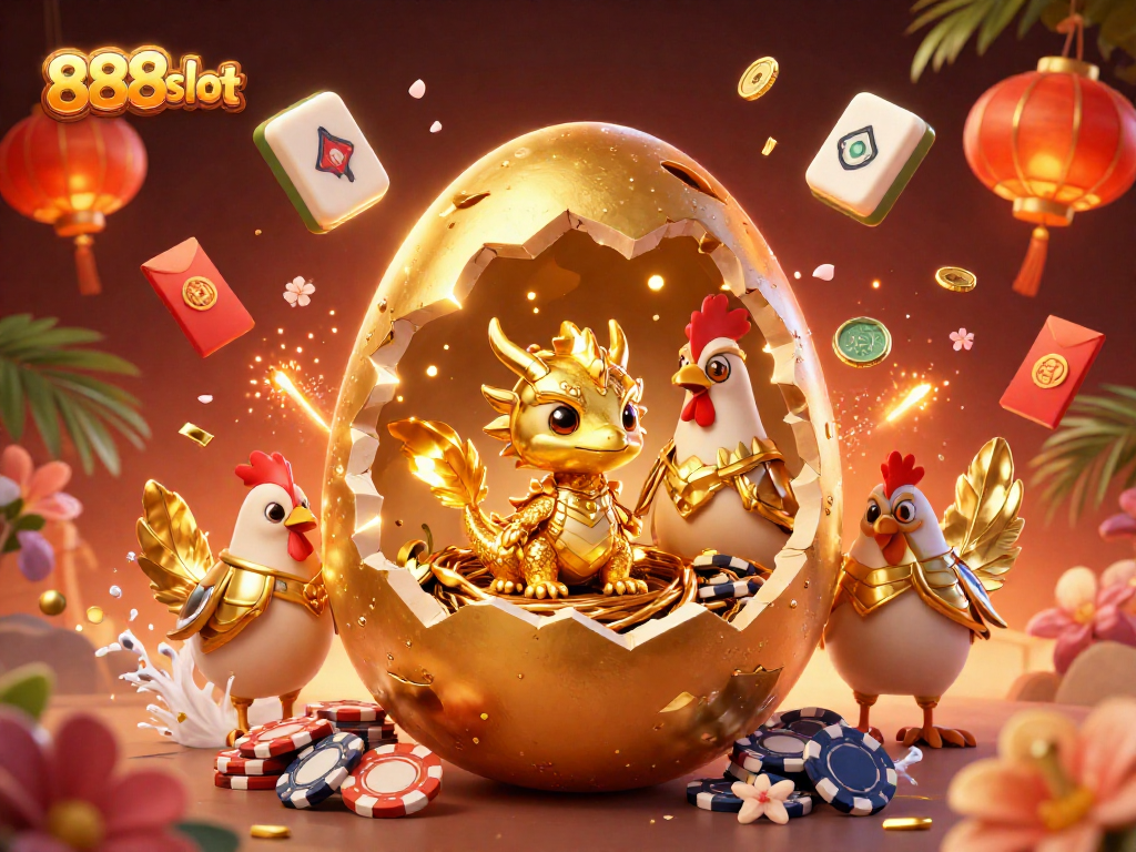 Experience the thrill of 888slot with a golden dragon, poker chips, and festive decorations in this enchanting casino illustration.