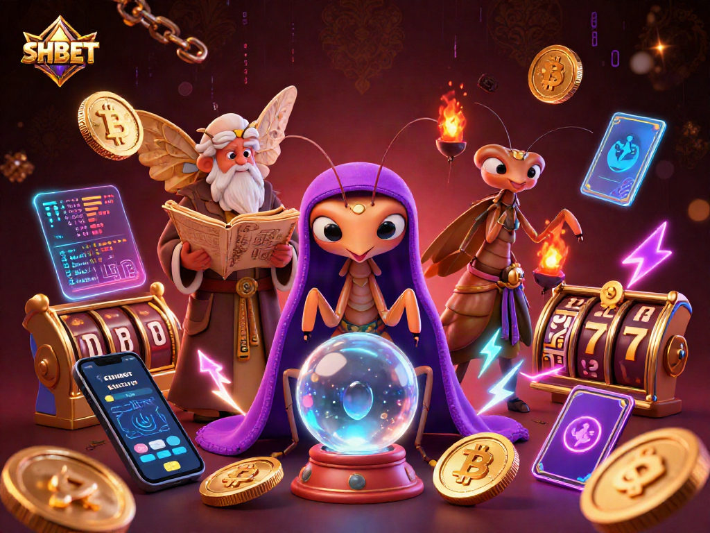 Engage with SHBET's thrilling casino scene featuring vibrant slot elements and cryptocurrency motifs.