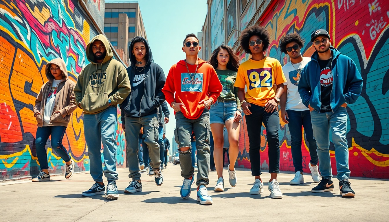 Streetwear fashion showcased by diverse individuals in an urban setting with graffiti art.