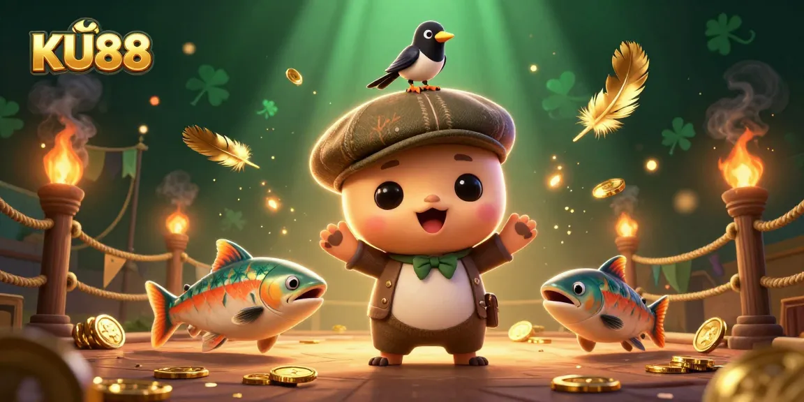 Join the excitement at KU88 with a playful Nessie amidst thrilling betting tokens and sparkling gold.