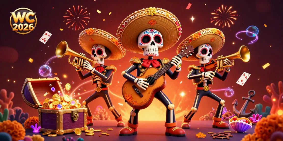 Experience the excitement of wc 2026 in this vibrant 3D illustration featuring a mariachi band amidst casino elements.