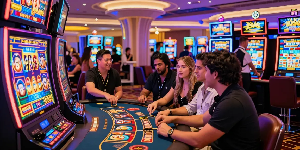 Friends enjoying the thrill of M98 สล๊อตเว็บตรง at a vibrant casino, showcasing excitement and luxury.