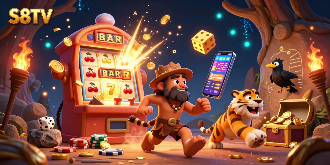 Experience the excitement of S8TV with a lively prehistoric casino scene featuring characters and thrilling gambling elements.