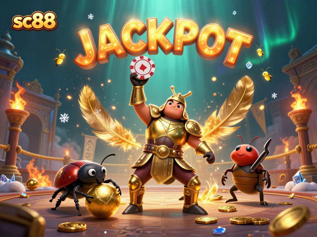 Win big with sc88's vibrant 3D illustration showcasing a heroic beetle lifting a poker chip.