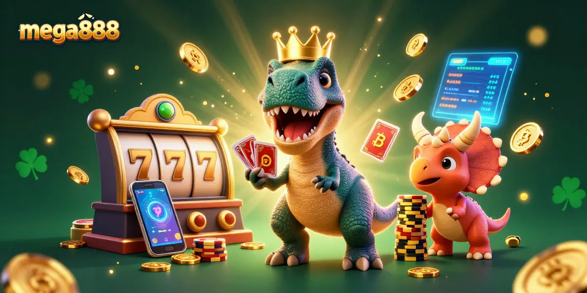 เล่นเกมสล็อต MEGA888 สนุกสนานกับ T-Rex ที่กำลังจัดการการ์ดในคาสิโน
