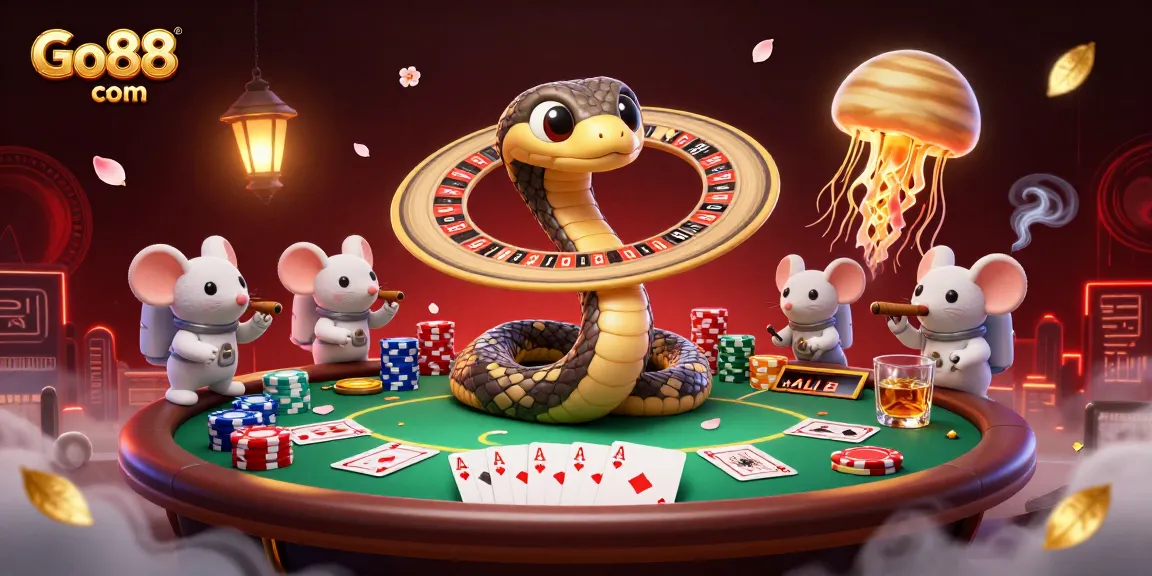 Engage with Go88 com in this dynamic 3D scene featuring cartoon characters gambling, with vibrant casino elements.