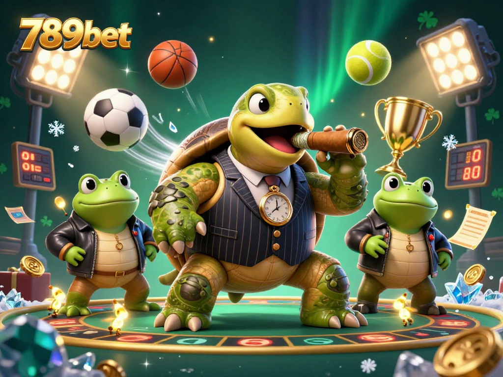 Experience casino excitement with 789bet, featuring a mobster turtle, sports balls, and vibrant lights.