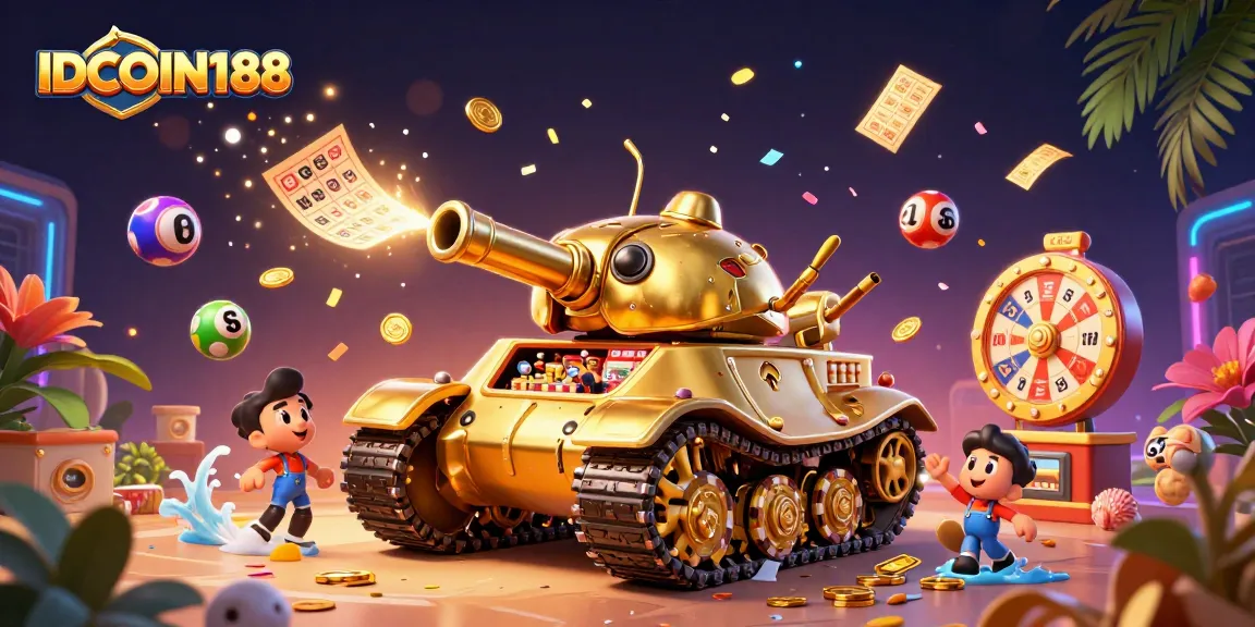 IDCOIN188 showcases a vibrant scene of a beetle tank casino bursting with animated lottery balls and bingo elements.