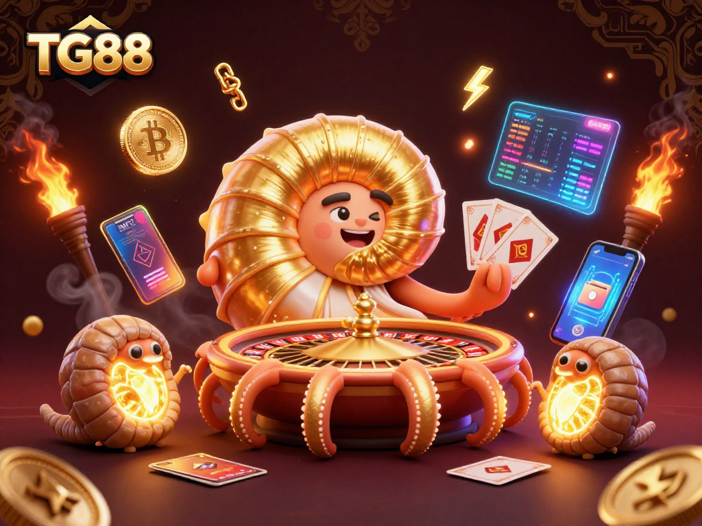 Experience immersive gaming at TG88 with a giant nautilus, cards, and crypto elements