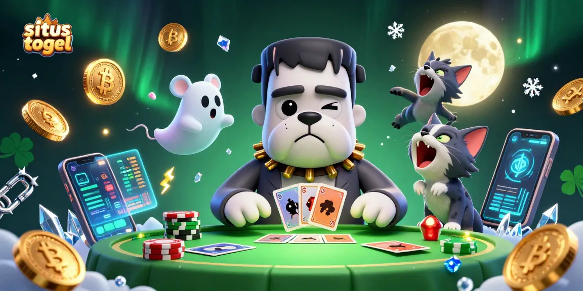 Engage in situs togel excitement with playful characters at a spooky casino scene, full of vibrant details.