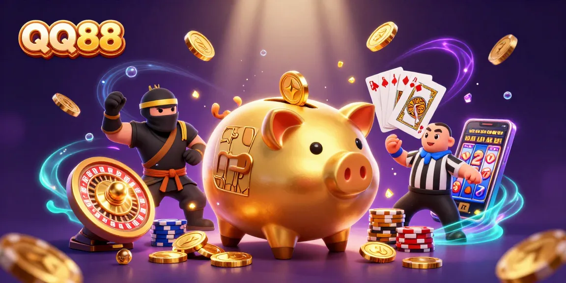 Experience thrilling casino action at QQ88 with a dynamic scene featuring a colorful sumo wrestler and vibrant game elements.