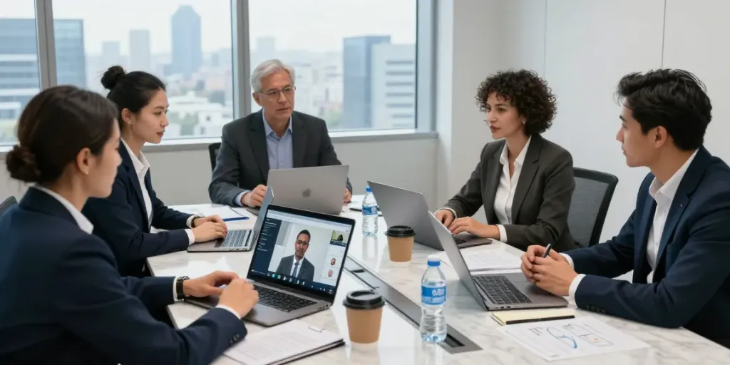 Deepfake free meetings strategy session with diverse team in modern conference room.