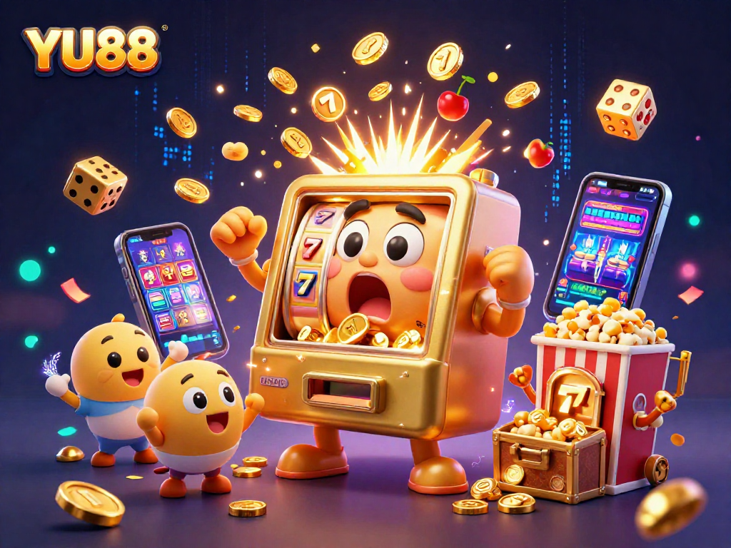 Experience the excitement of YU88 with a jubilant slot machine celebrating a jackpot amidst animated casino elements.