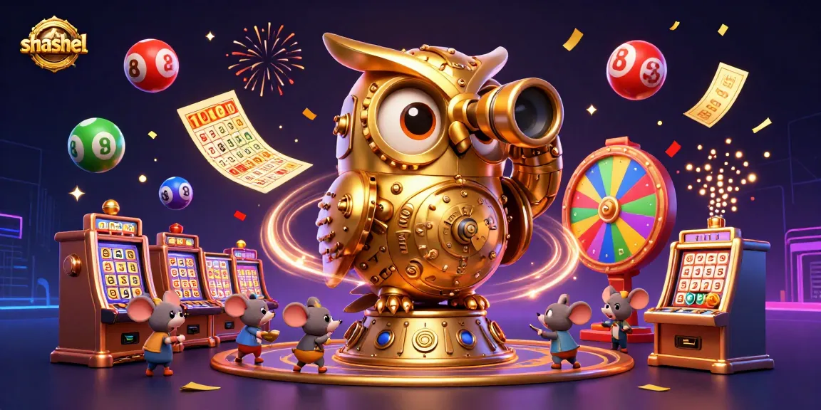 Experience shashel's exciting atmosphere with a golden owl overseeing lively casino elements and dynamic games.
