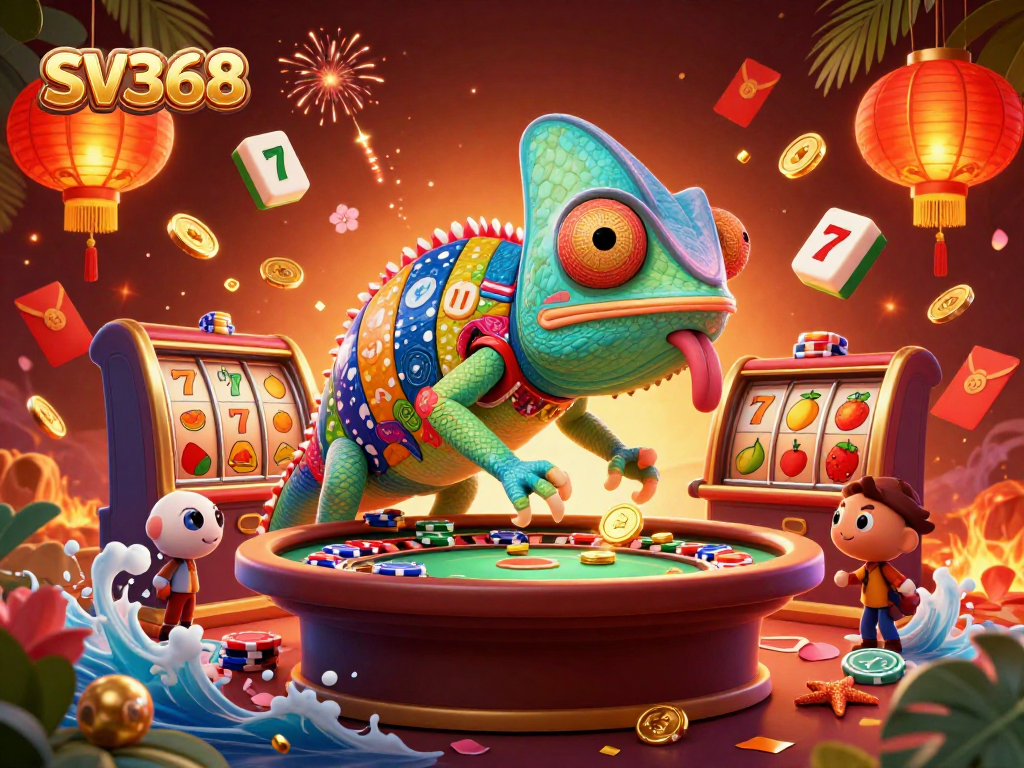 Win big at SV368, showcasing a vibrant casino scene with animated characters and lively gaming elements.
