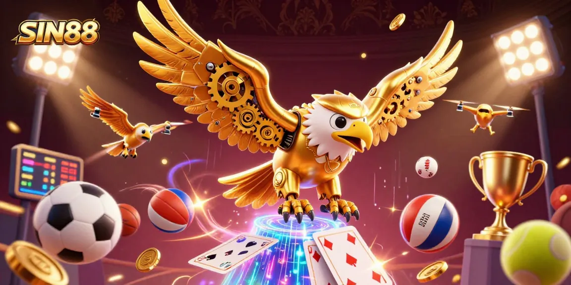 SIN88 showcases a vibrant 3D illustration of a golden eagle diving through holographic cards, sports balls, and lights.