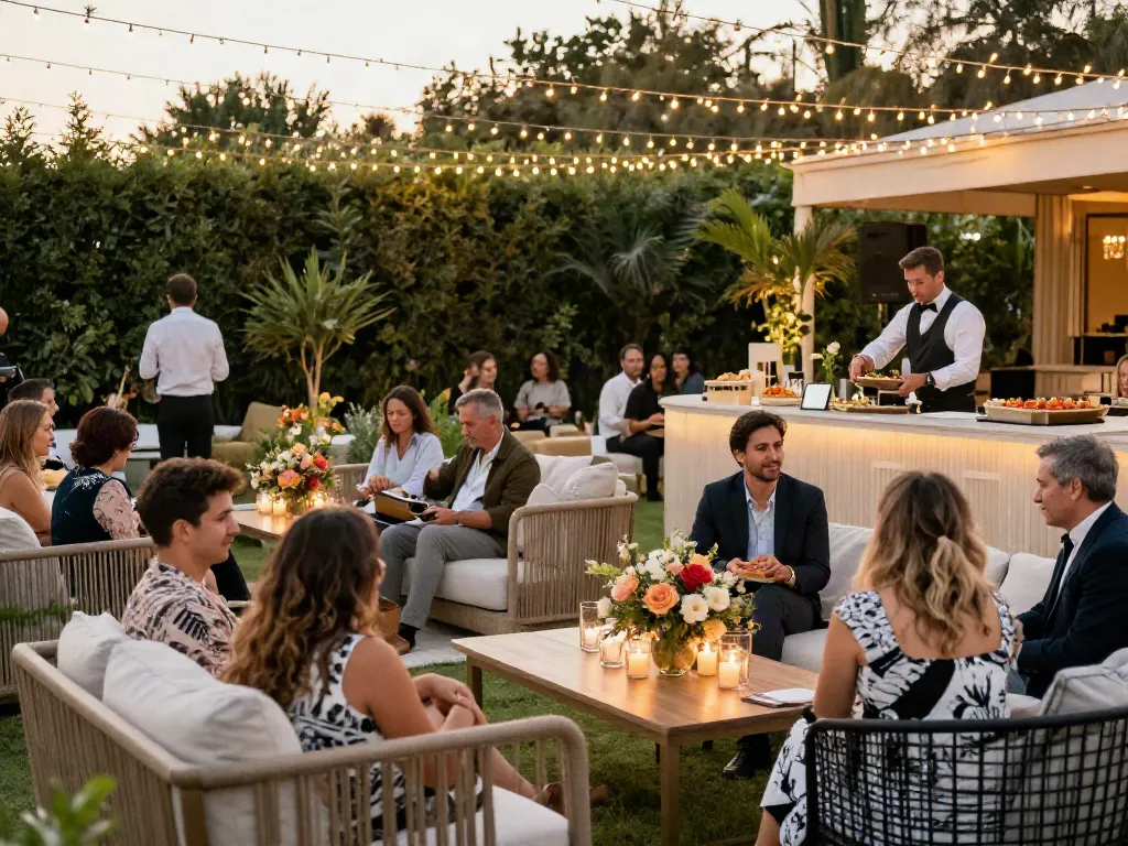 Event furniture rental showcases elegant outdoor gathering with stylish lounge areas and elegant décor.