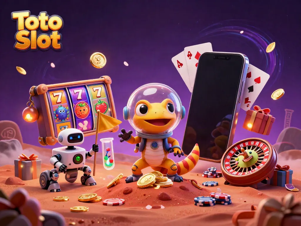 Gambar Toto Slot menampilkan gecko Martian di kasino emas yang terkubur di Mars, dikelilingi elemen permainan slot.