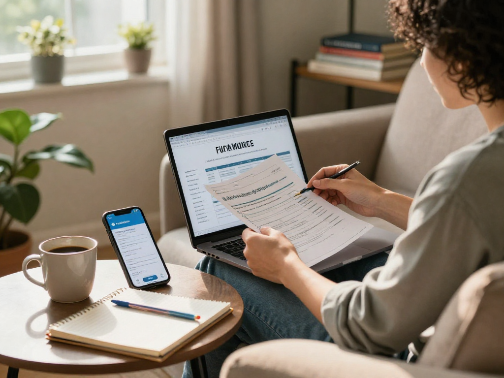 Optimizing finances with Credit Karma on a laptop in a cozy living room.