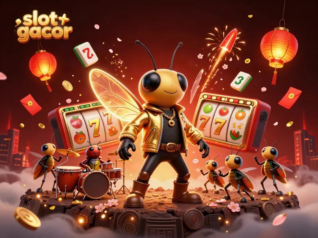 Experience slot gacor thrills with an electrifying cicada rock star amidst a vibrant casino scene.