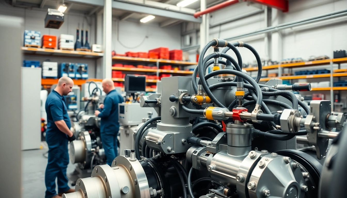 Engineers working with custom hydraulic equipment in a bright industrial workshop.