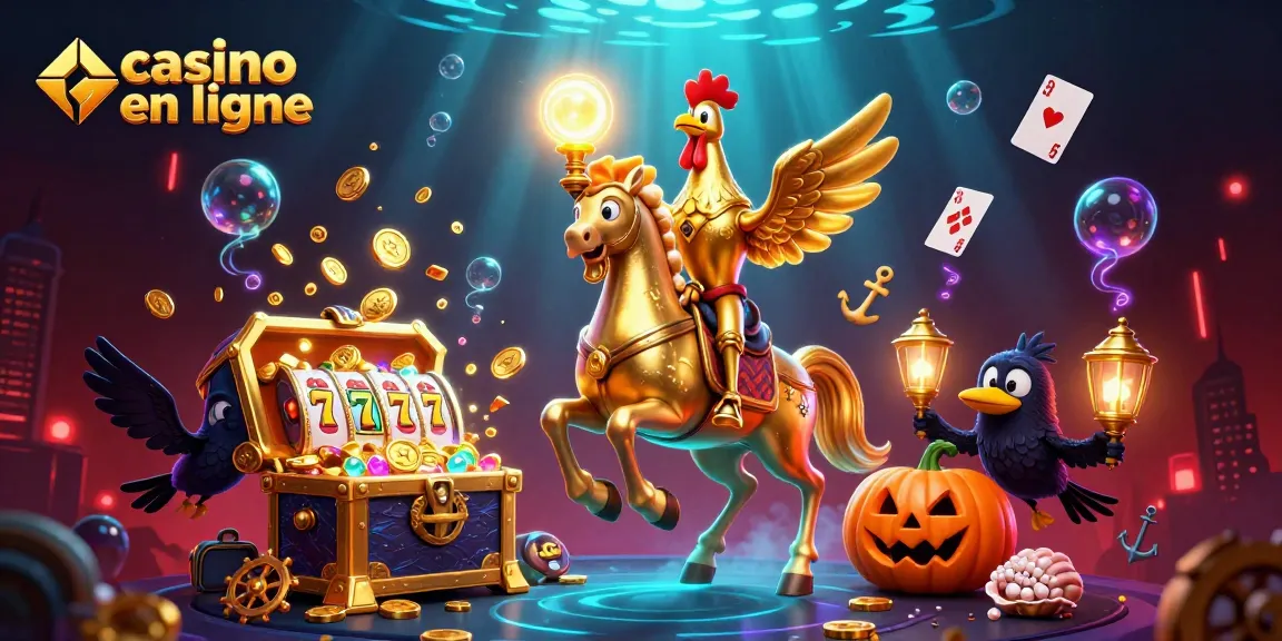 Illustration captivante d'un casino en ligne avec un coq doré fantastique.