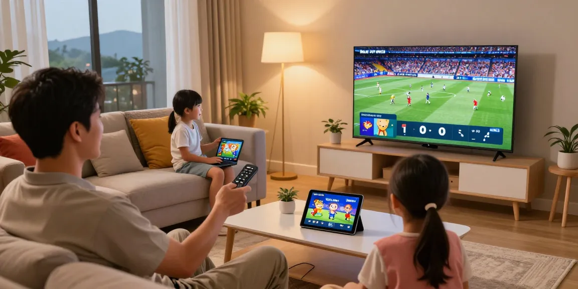 Family enjoying Blue Shark IPTV streaming sports and cartoons in a cozy living room.