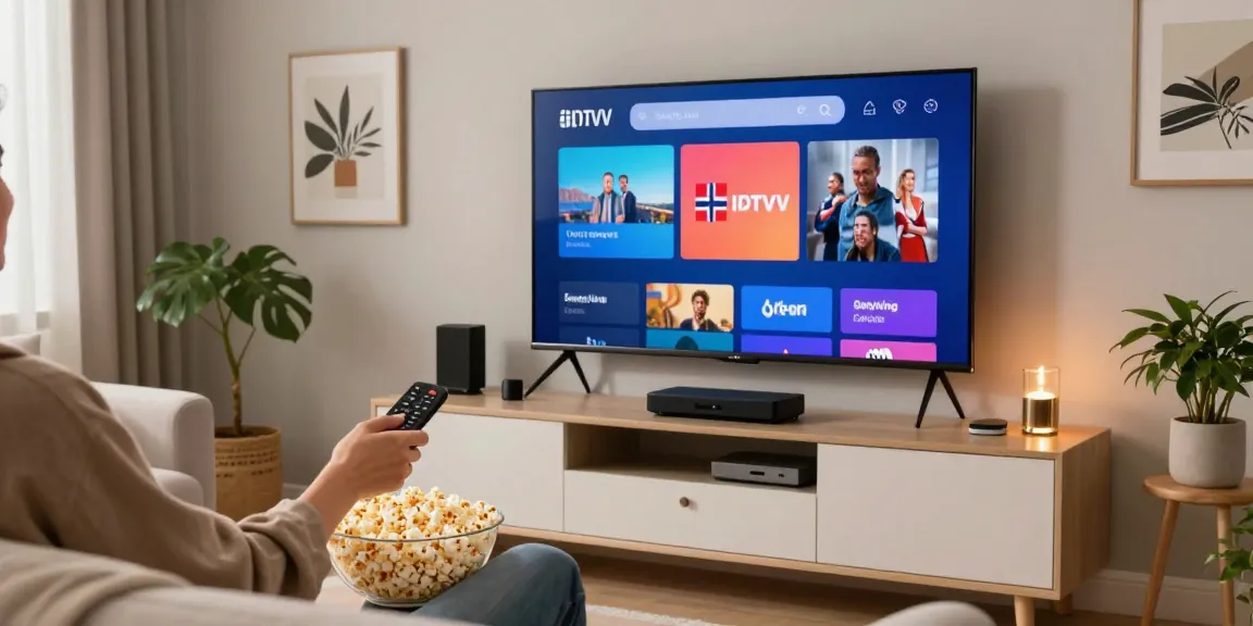 Enjoying IPTV Norway on a large TV in a cozy living room atmosphere.
