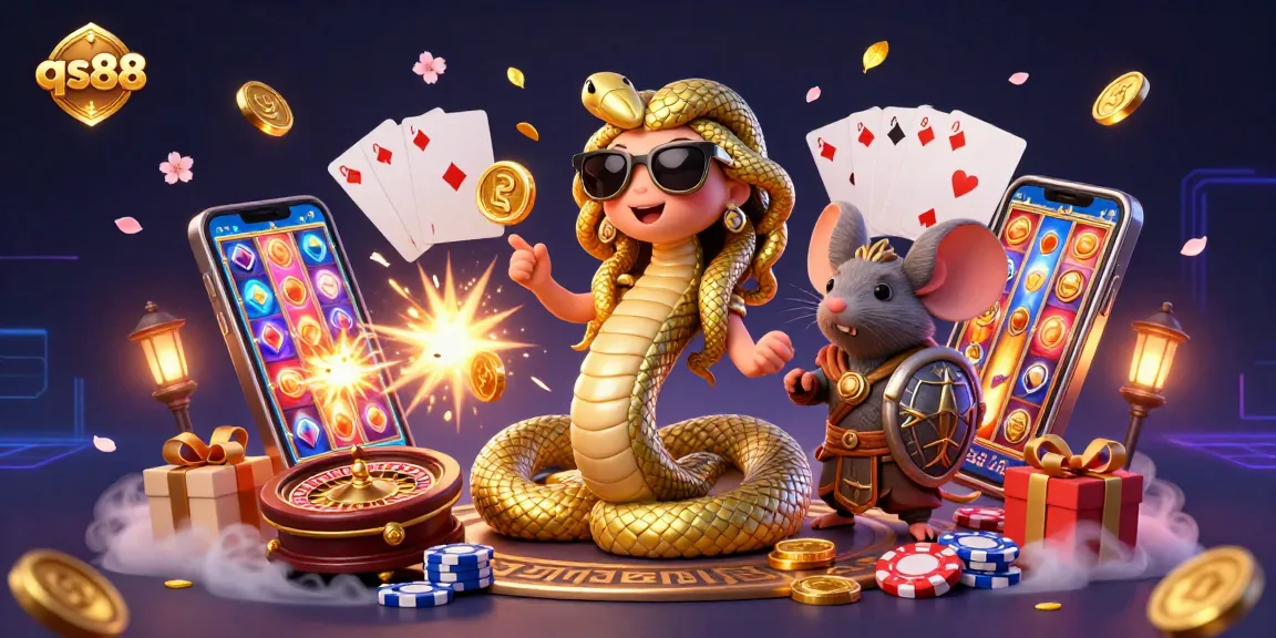 Experience thrilling slot action with qs88 in this vibrant 3D casino illustration featuring Medusa and a warrior mouse.