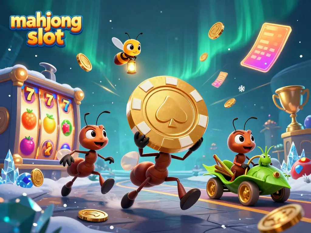 Engage with the mahjong slot adventure featuring ants in a heist with vibrant casino elements.