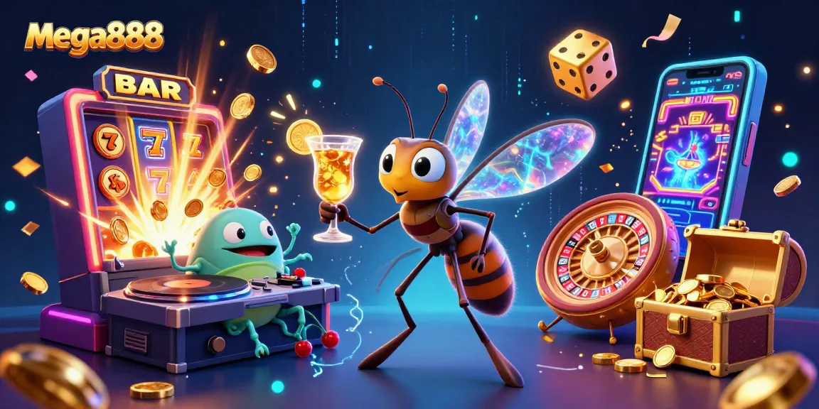Experience thrilling gameplay with mega888 as a frozen mosquito mascot, vibrant scene with casino elements