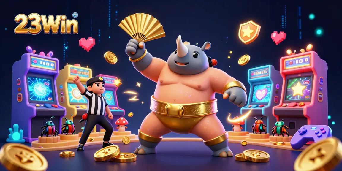 Experience the energetic 23Win gaming scene with colorful characters and dynamic casino elements.