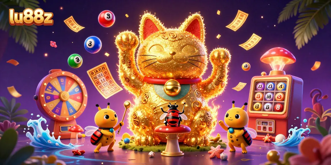 Experience the excitement of lu88z with a dynamic scene featuring a lucky cat and vibrant casino symbols.