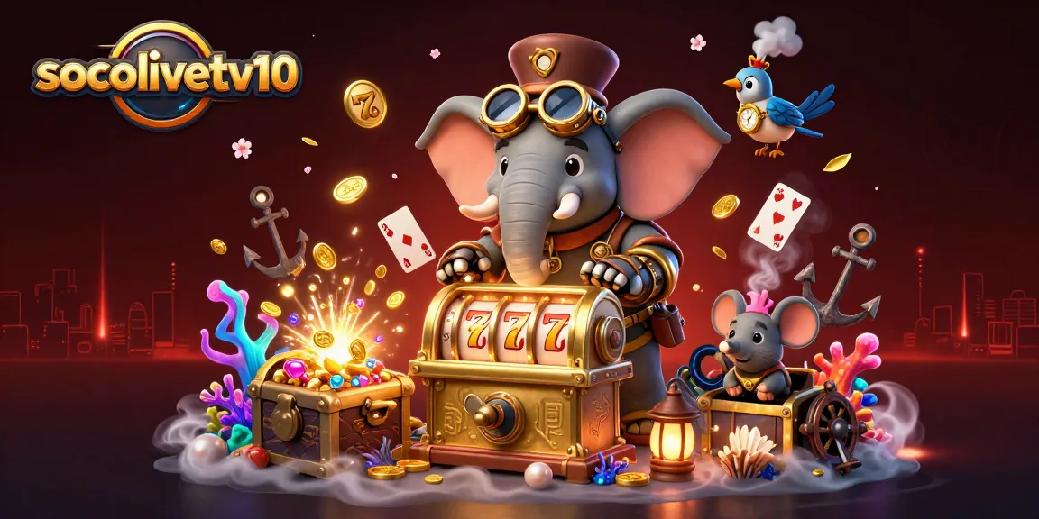 Socolivetv10 showcases a steampunk elephant winning at a golden slot machine amidst a vibrant casino scene.