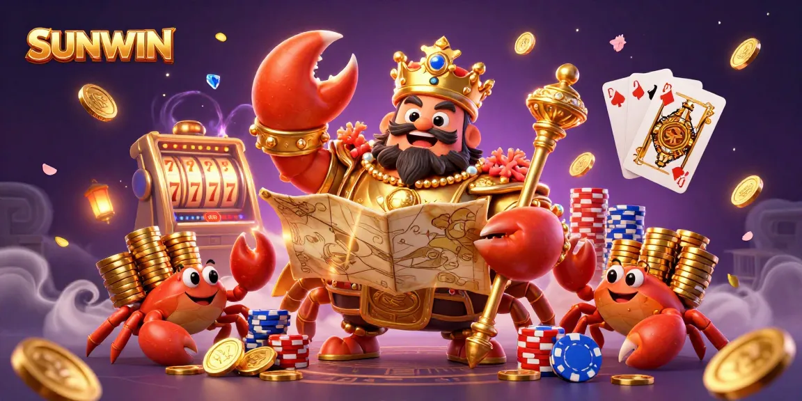 SUNWIN illuminates with a golden crab emperor and thrilling casino action in an ultra-detailed scene.