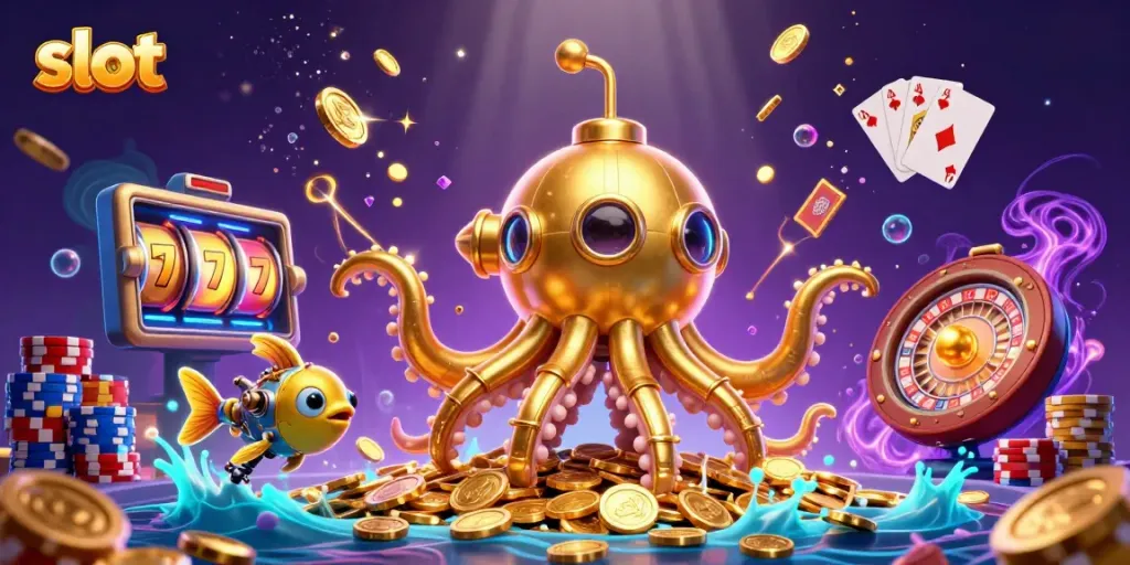 Spin slot reels with golden kraken submarine and mechanical fish in a vibrant casino scene.
