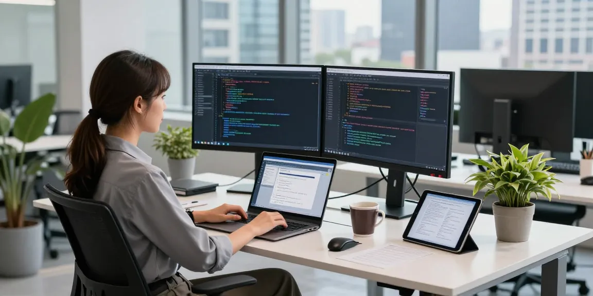 Workflow at corluticaret.net in a vibrant tech office, featuring a developer debugging code on dual monitors.