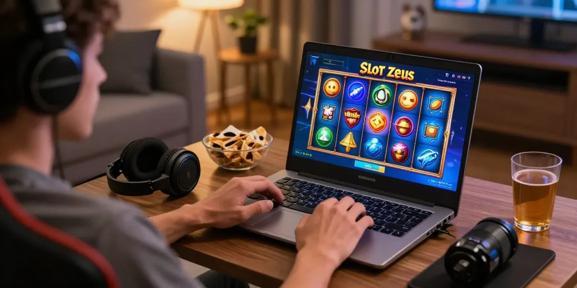 Player enjoying Slot Zeus game in cozy living room with vibrant graphics.