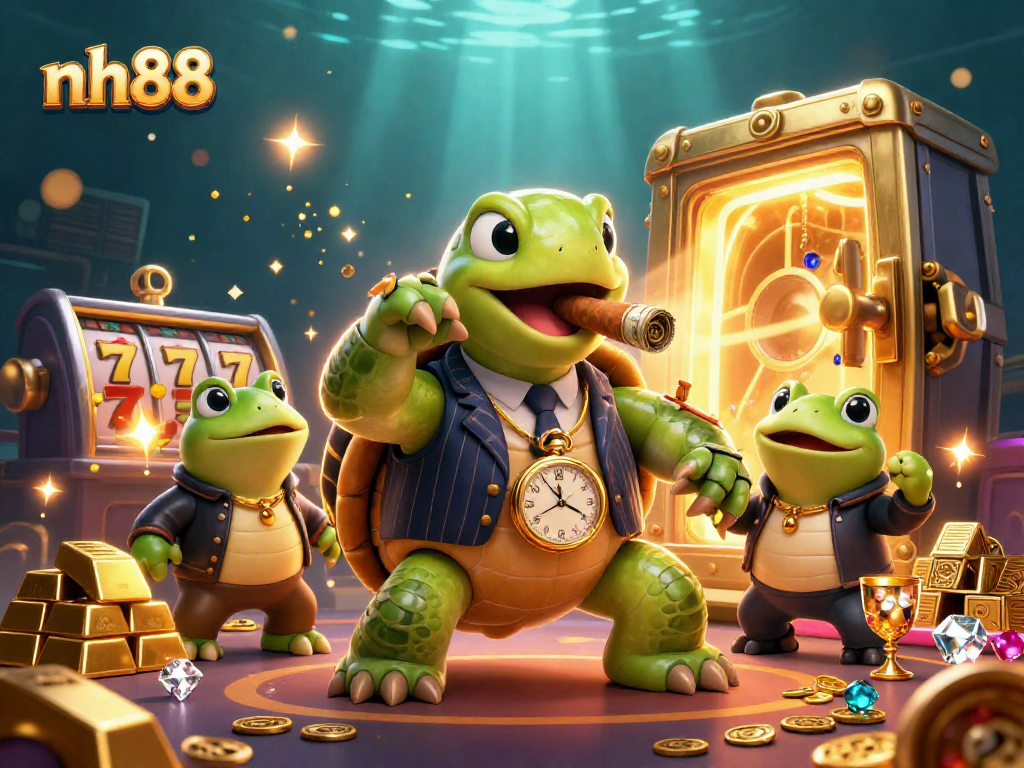 Experience action with nh88 at a vibrant casino scene featuring cartoon characters and dazzling riches.