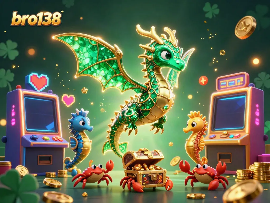 Experience thrilling excitement with bro138 as the emerald sea dragon guards treasure in a vibrant casino scene.