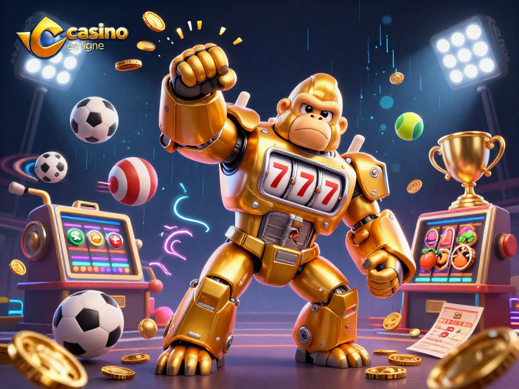 Découvrez le casino en ligne avec un gorille doré mech qui lance des pièces d'or, apportant des gains palpitants.