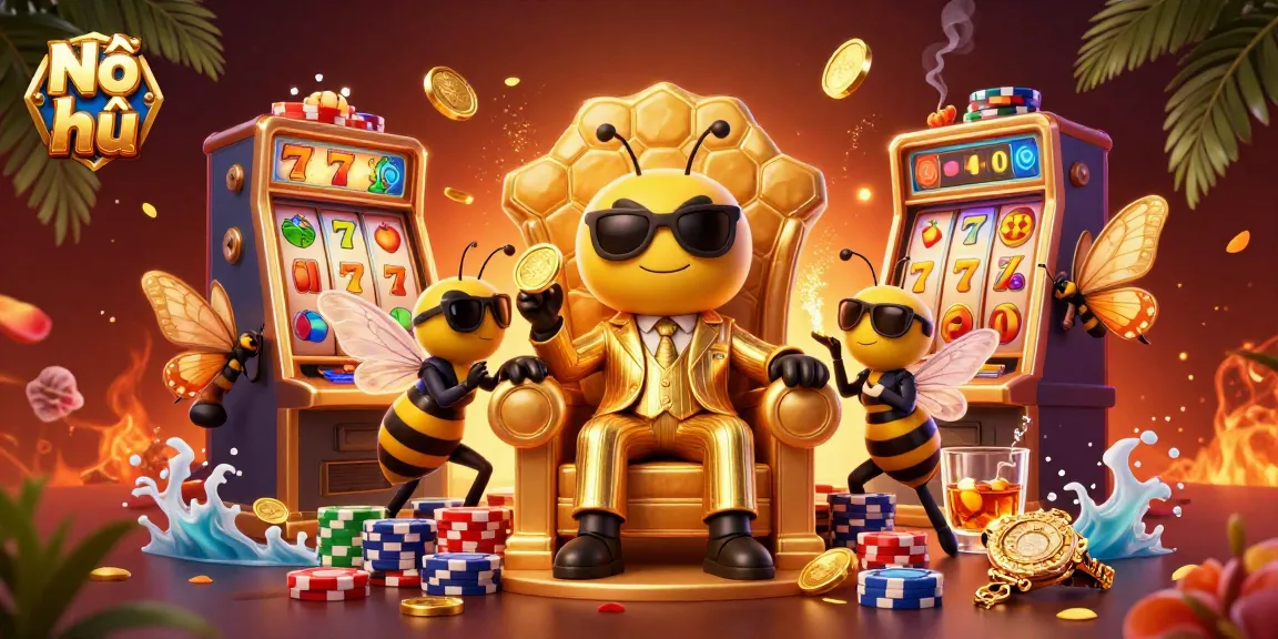 Nổ hũ jackpots and bonuses in a vibrant casino scene featuring buzzing characters