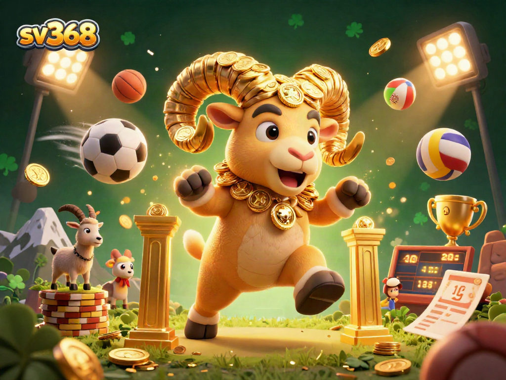 Experience the thrill of sv368 betting with a golden ram charging through a vibrant sports-themed illustration.