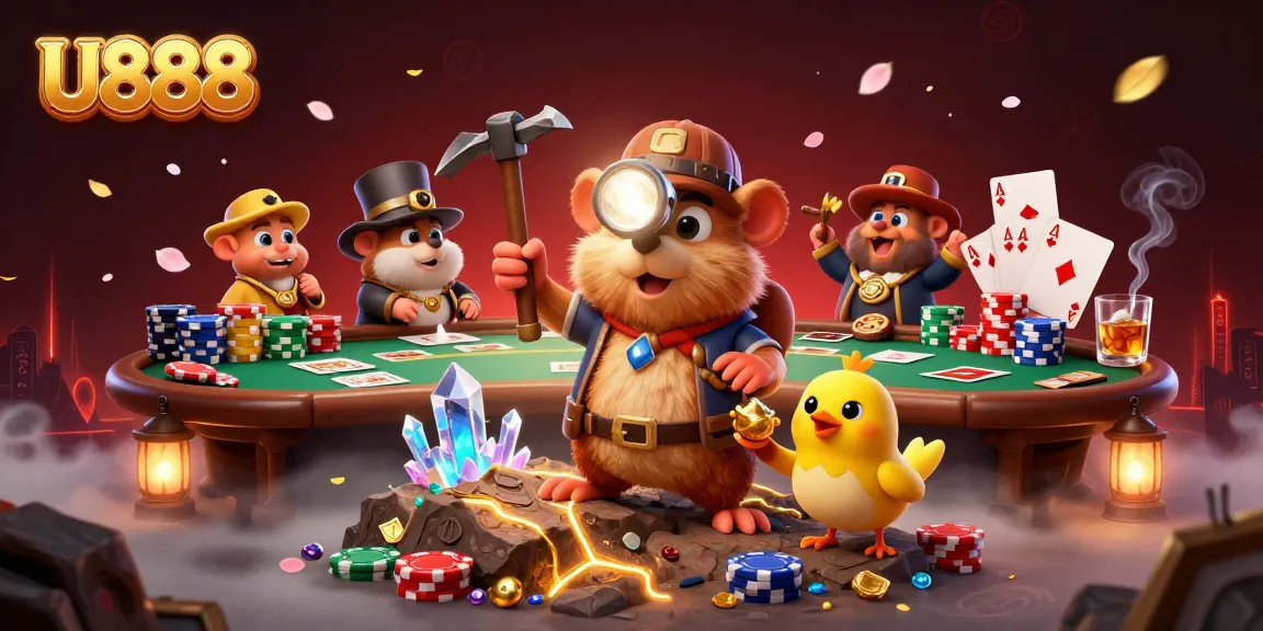 Experience U888's thrilling gambling adventure with treasure hunter mole and poker elements.